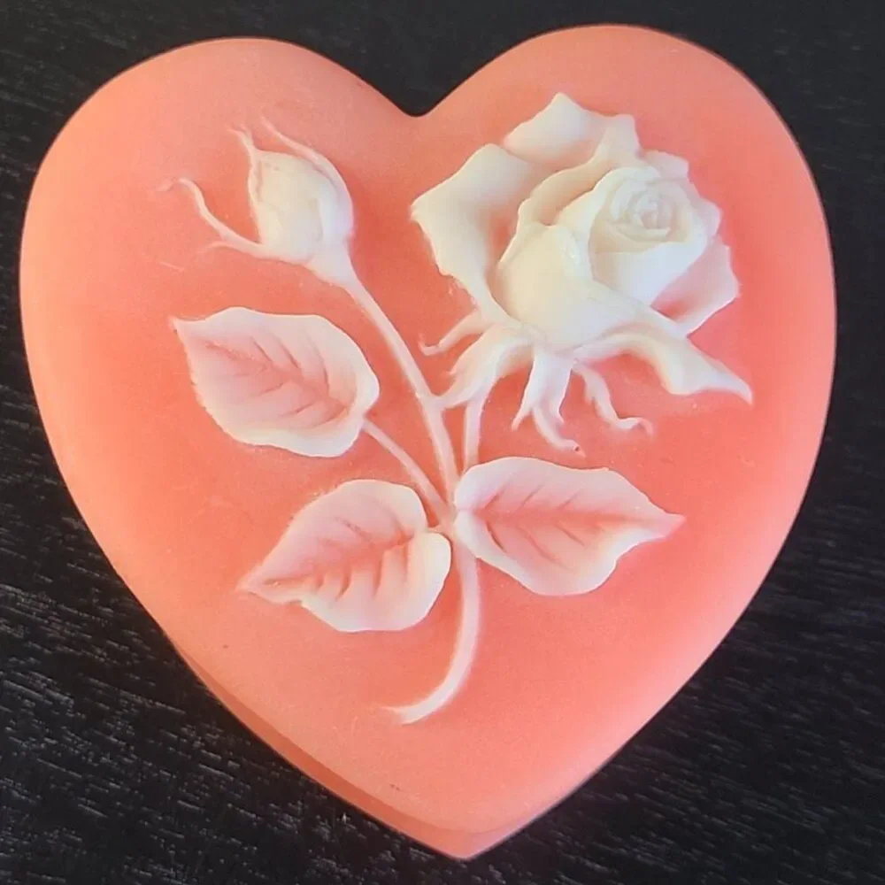 Vintage Soapstone Heart Trinket Box Carved Rose Floral Pink Stone Jewelry Dish